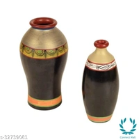 Earthen Vases Handpainted in Madhubani Tattoo Art Material: Handicraft - Black, Handmade, Pack Of 2